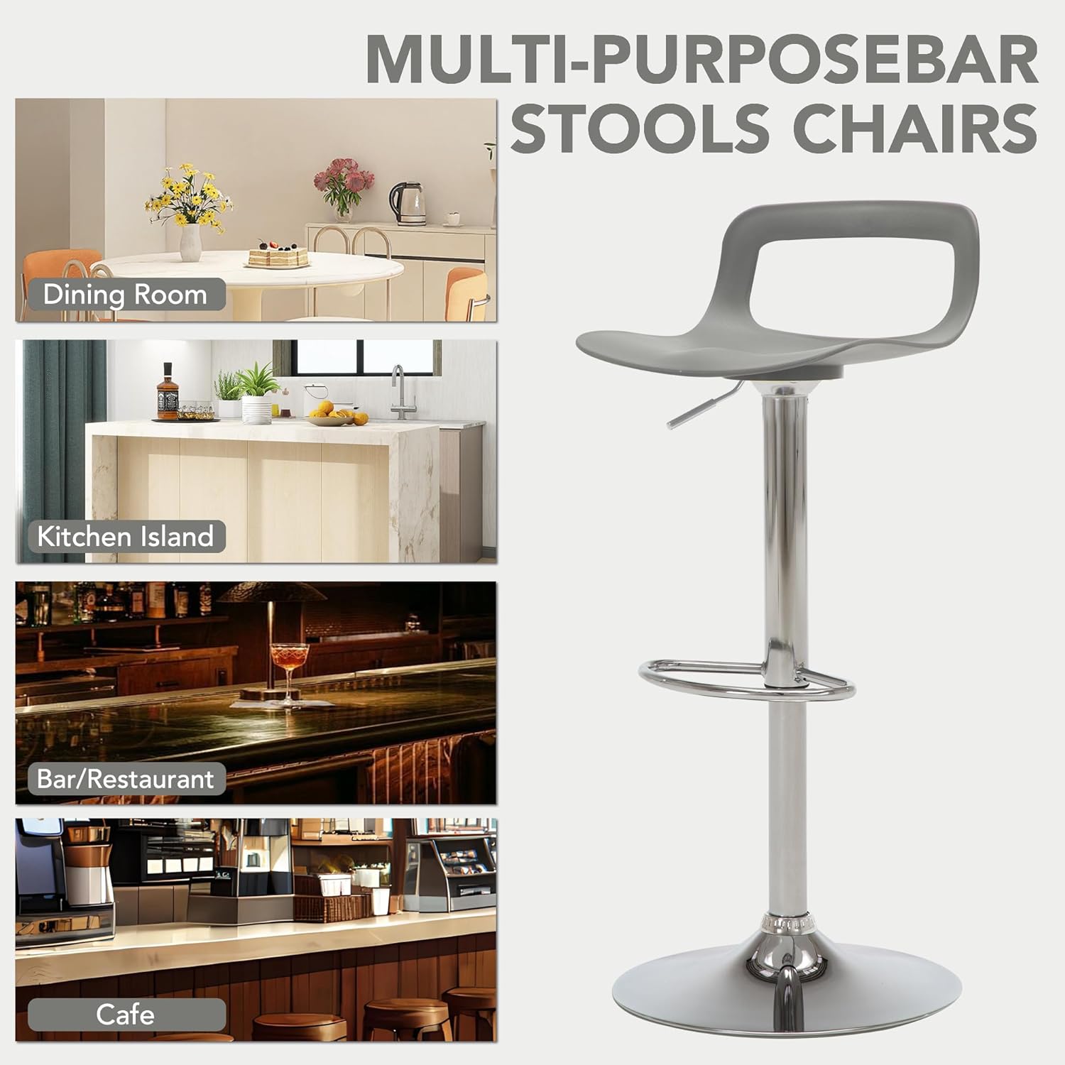 thksbought Bar Stools Set of 2,Adjustable Plastic Swivel Barstools, Modern Counter Stools with Open-Back and Footrest,Counter Height Barstools for Bar,Kitchen and Dining Room(Matte Gray)