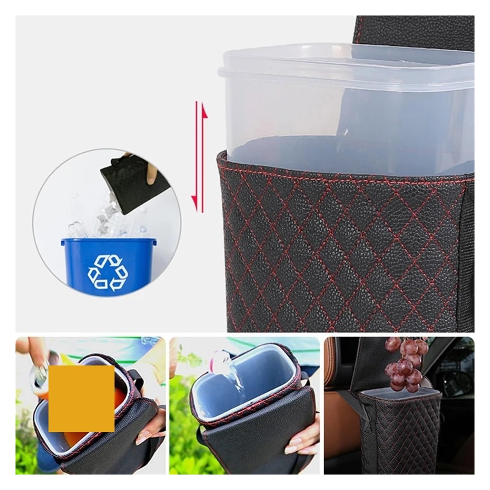 Auto Mülleimer Wasserdichter PU-Leder-Auto-Mülleimer Auto-Zubehör Hängende Organizer-Box Integrierter Abnehmbarer Kunststoffeimer Fahrzeug Mülleimers(13x17cm 2)