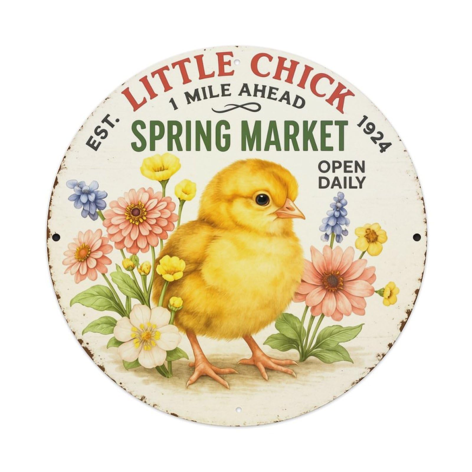 Chick Flowers Market Sign Spring Round Metal Tin Sign Vintage Wall Decor, Bar Garage Cafe Kitchen Home Wall Art Poster 8x8inches