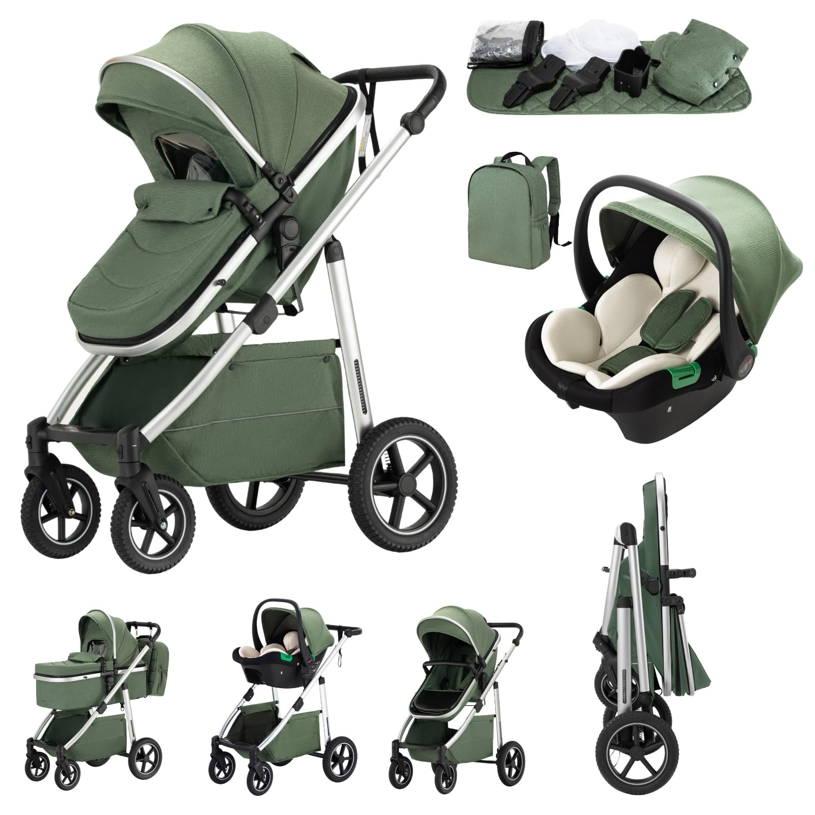 Zkipm Poussette 3 en 1 SystèMe de Voyage, Landau avec SièGe, Poussette pliable et modulable, Cadre en Alliage D'Aluminium, Adapté aux BéBéS de 0 à 4 Ans