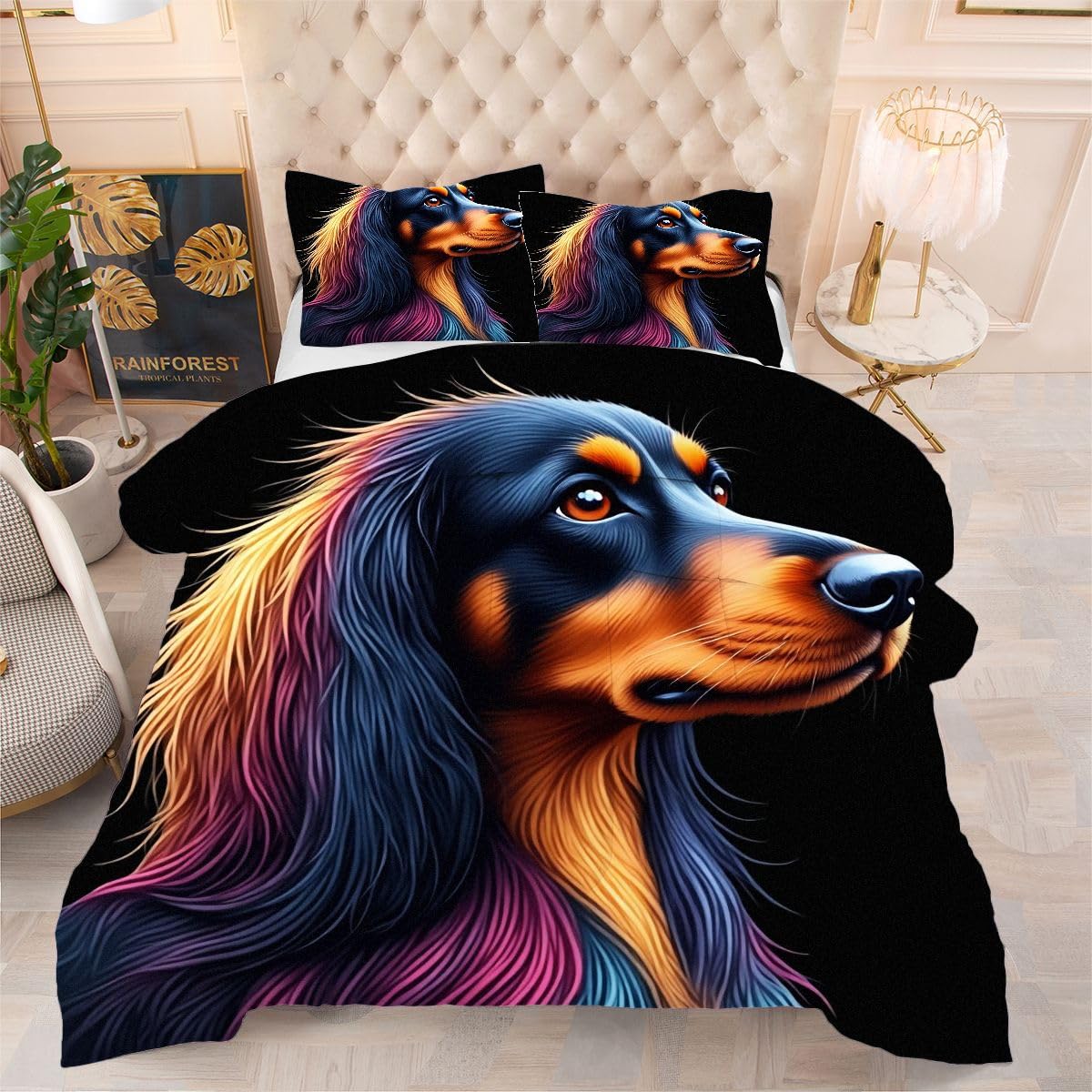 Couette réversible 220x240 cm imprimé chien noir moderne avec taies d'oreiller 65x65