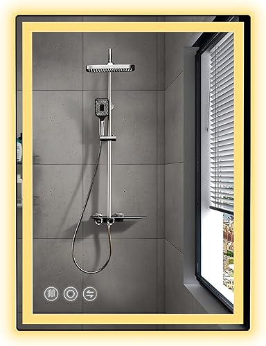 Espejo de baño LED de 24 x 32 pulgadas con espejos de pared regulables sin escalones con antiniebla, CRI regulable  90, espejo de tocador con 3