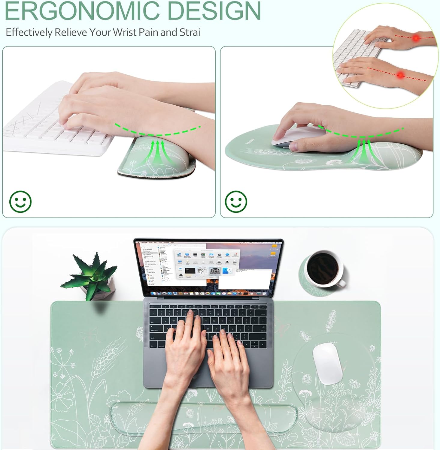 Petmolico Mouse Pad Set with Computer Keyboard Desk Pad,Mouse Pad with Wrist Rest,Typing Wrist Pad and Cup Coasters,Ergonomic Design for Typing Pain Relief [Gray-Green,Wildflower]