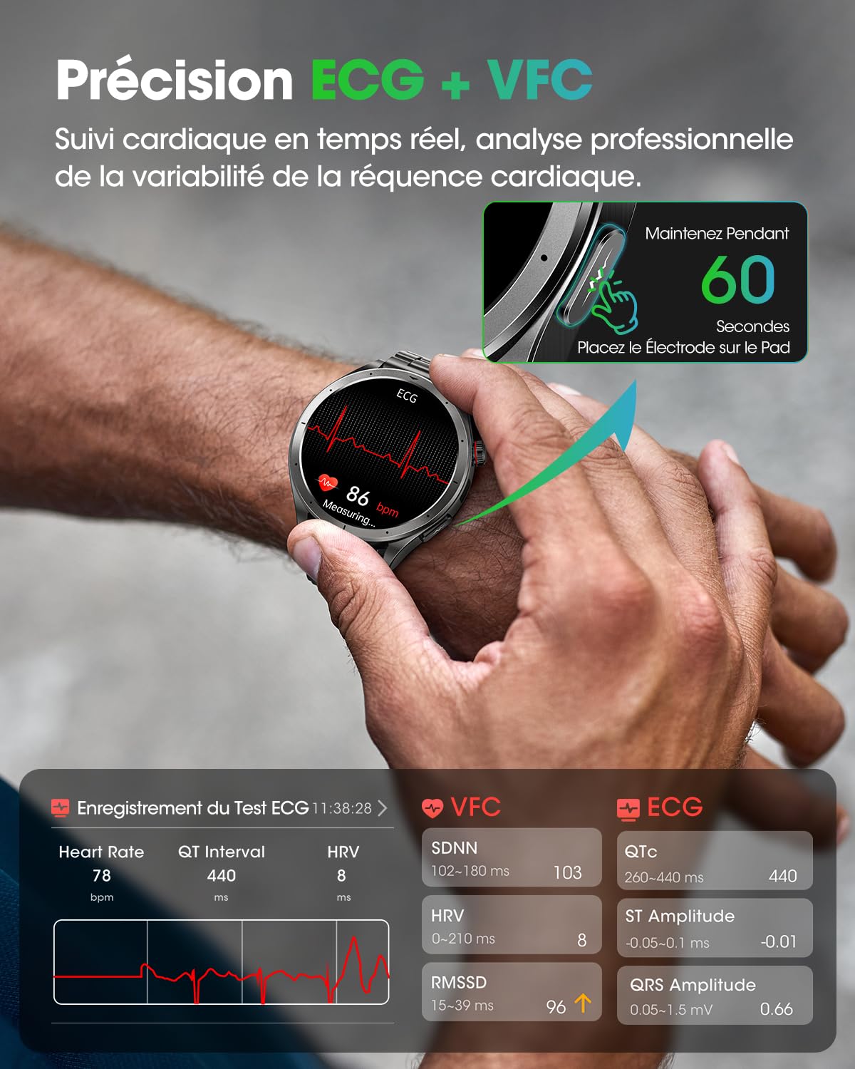 Montre Connectée Homme avec ECG, VFC, Tension Artérielle, AI-GPT, Noir