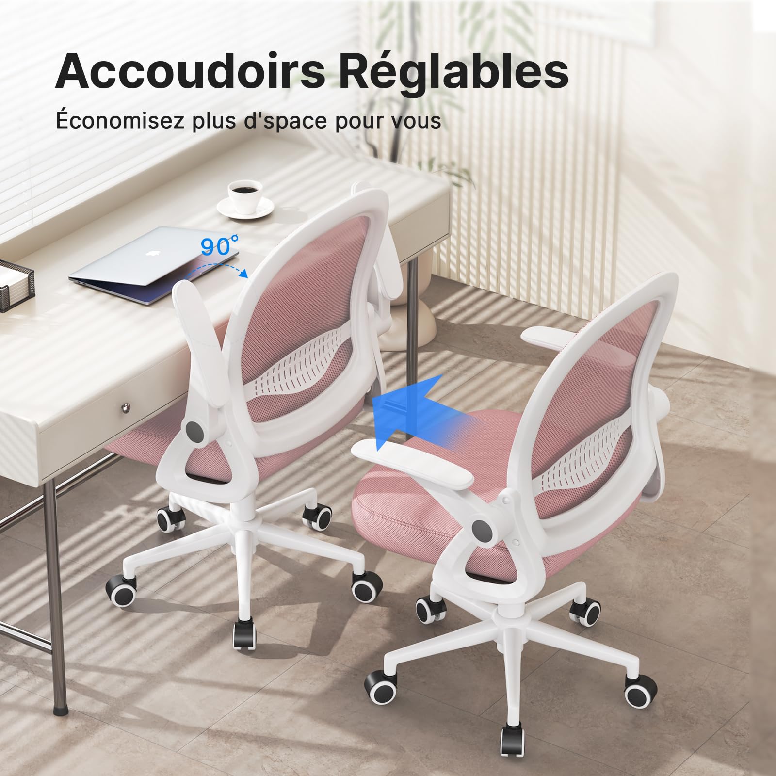 Naspaluro Chaise de Bureau avec Accoudoir Relevable, Soutien Lombaire, Dossier 45 cm Rose