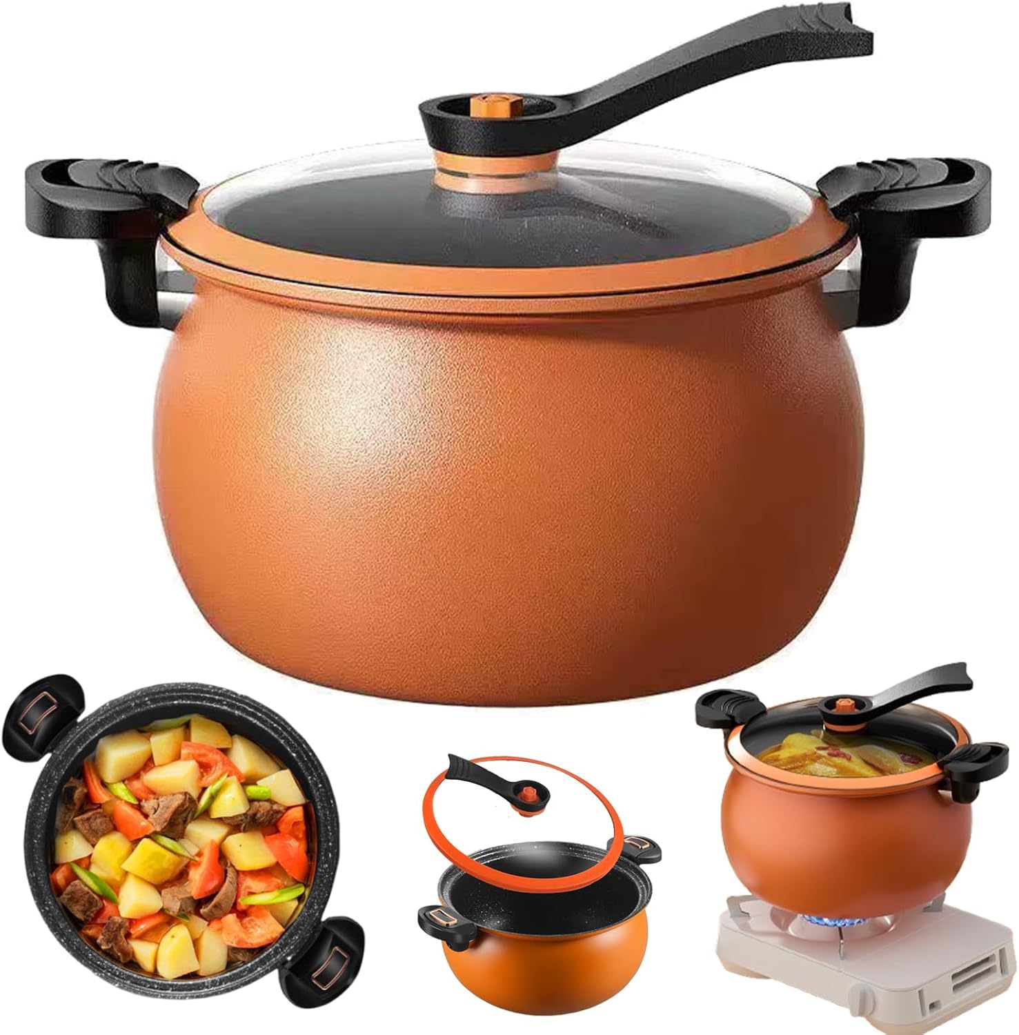 Multifunctional Large Capacity Non-stick Pressure Cooker, 8 Qt Micro Pressure Cooker with Anti-Scalding Handle & Visual Glass Lid for Family Meals, Soups, Stews (Orange)