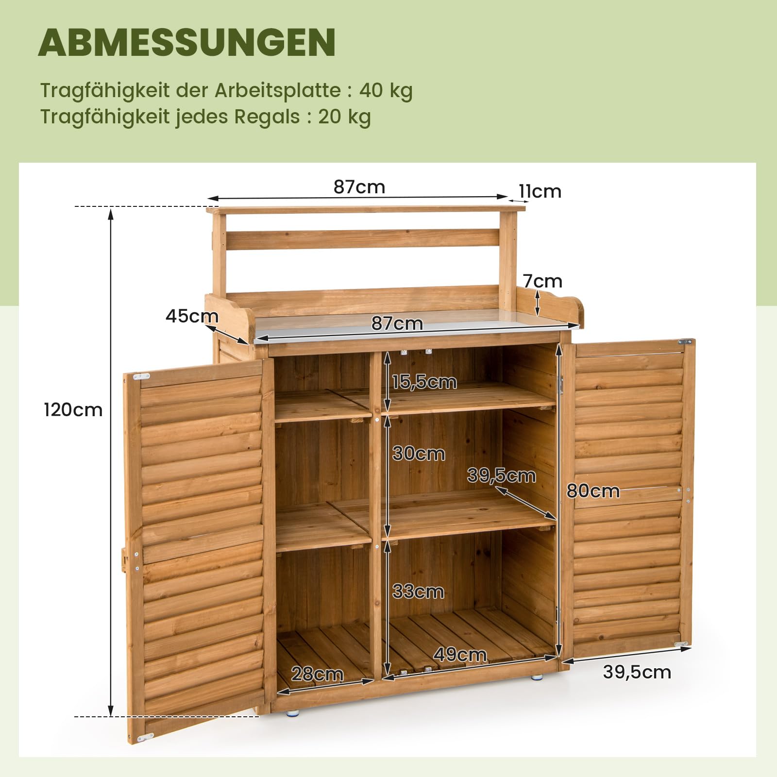 RELAX4LIFE Pflanztisch Outdoor, Gartentisch Holz mit Unterschrank & Verzinkter Arbeitsplatte & Abnehmbaren Regalen & Haken, Arbeitstisch wetterfest für Garten, Hof, Terrasse, 87 x 45 x 120 cm, Natur