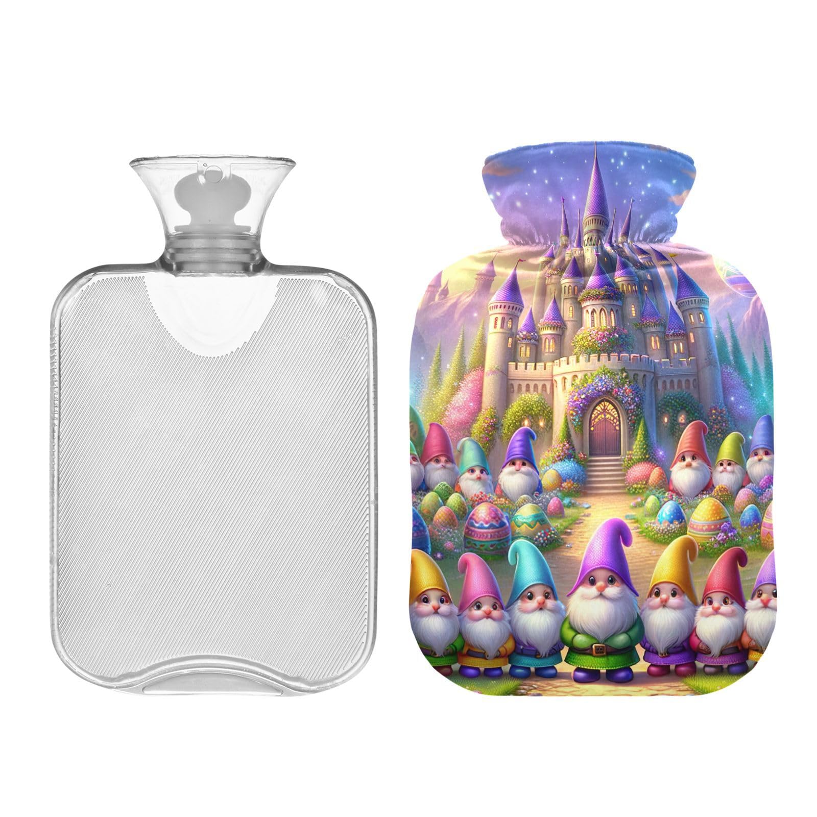 Easter Castle Gnomes Hot Water Bottles Hot or Cold Water Bottle with Soft Cover Hot Water Bag for Neck and Shoulder Pain Relief, 1 Liters