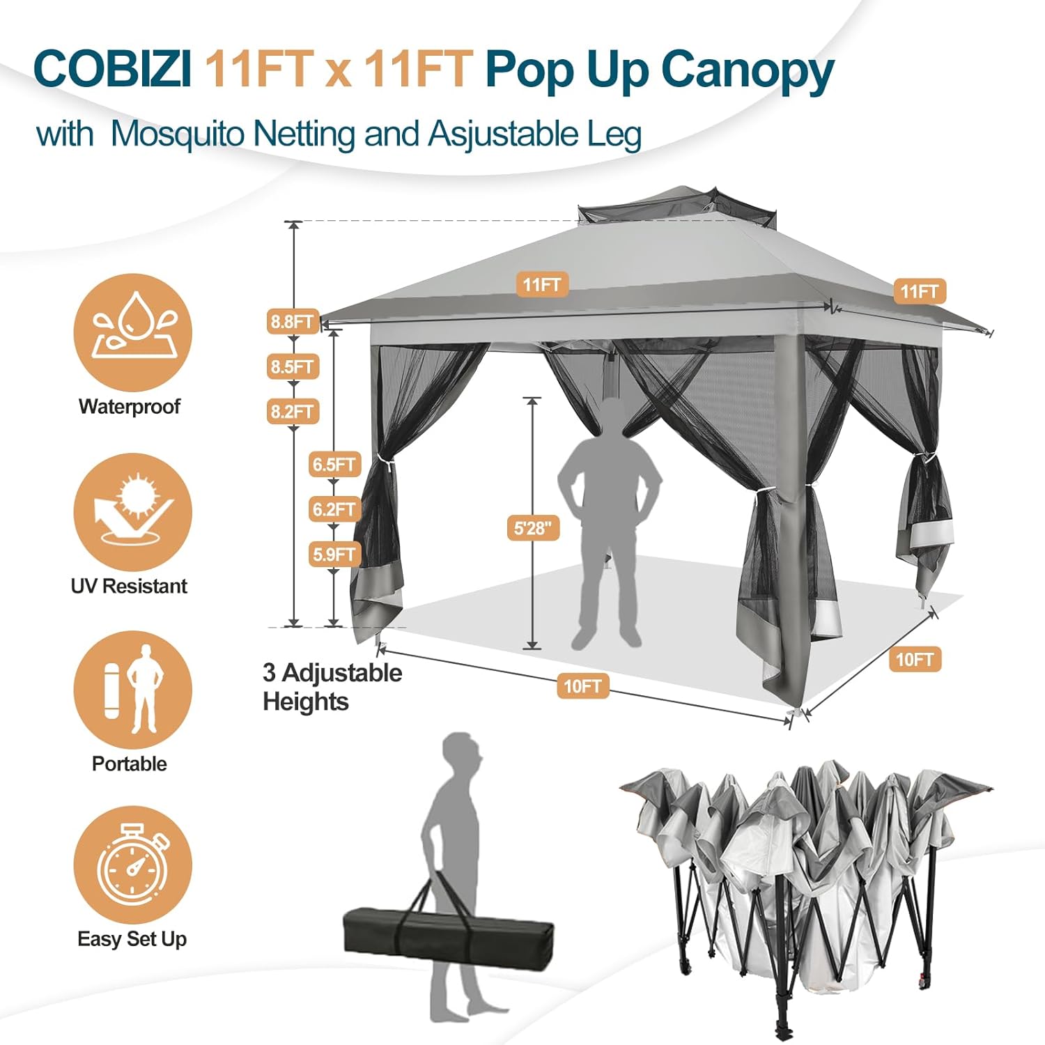 COBIZI 11x11 Pop Up Gazebo with mosquito netting and adjustable legs