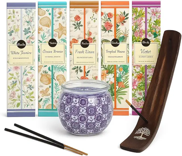 Set Incienso Natural 100 Varillas + Vela + Quemador - Kit Aromaterapia India para Relajación