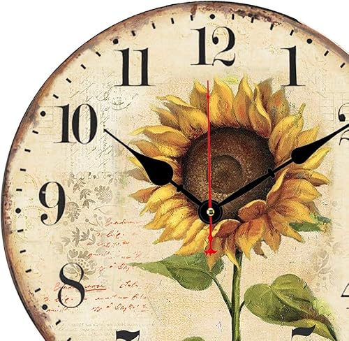Miniatura 5 de Reloj de pared decorativo de 10 pulgadas, con números arábigos, funciona con pilas, silencioso, reloj de pared redondo de madera con girasol, para