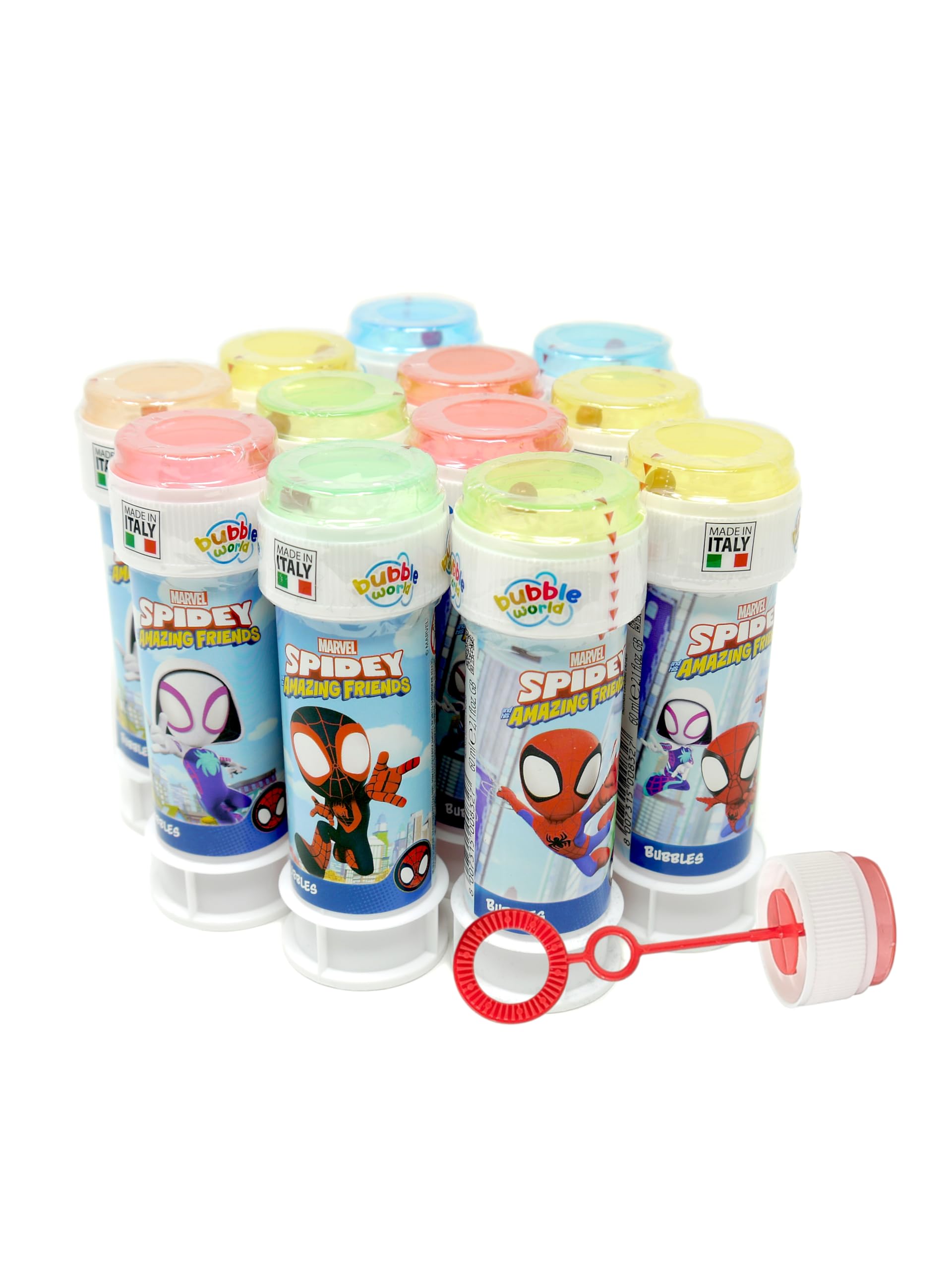Anila's Spidey Bubble Tubs with Wands, 60ml Solution & Maze Lid, Set of 12, Party Bag Fillers & Favours, Ages 3+ (SPIDEY, 12, count)