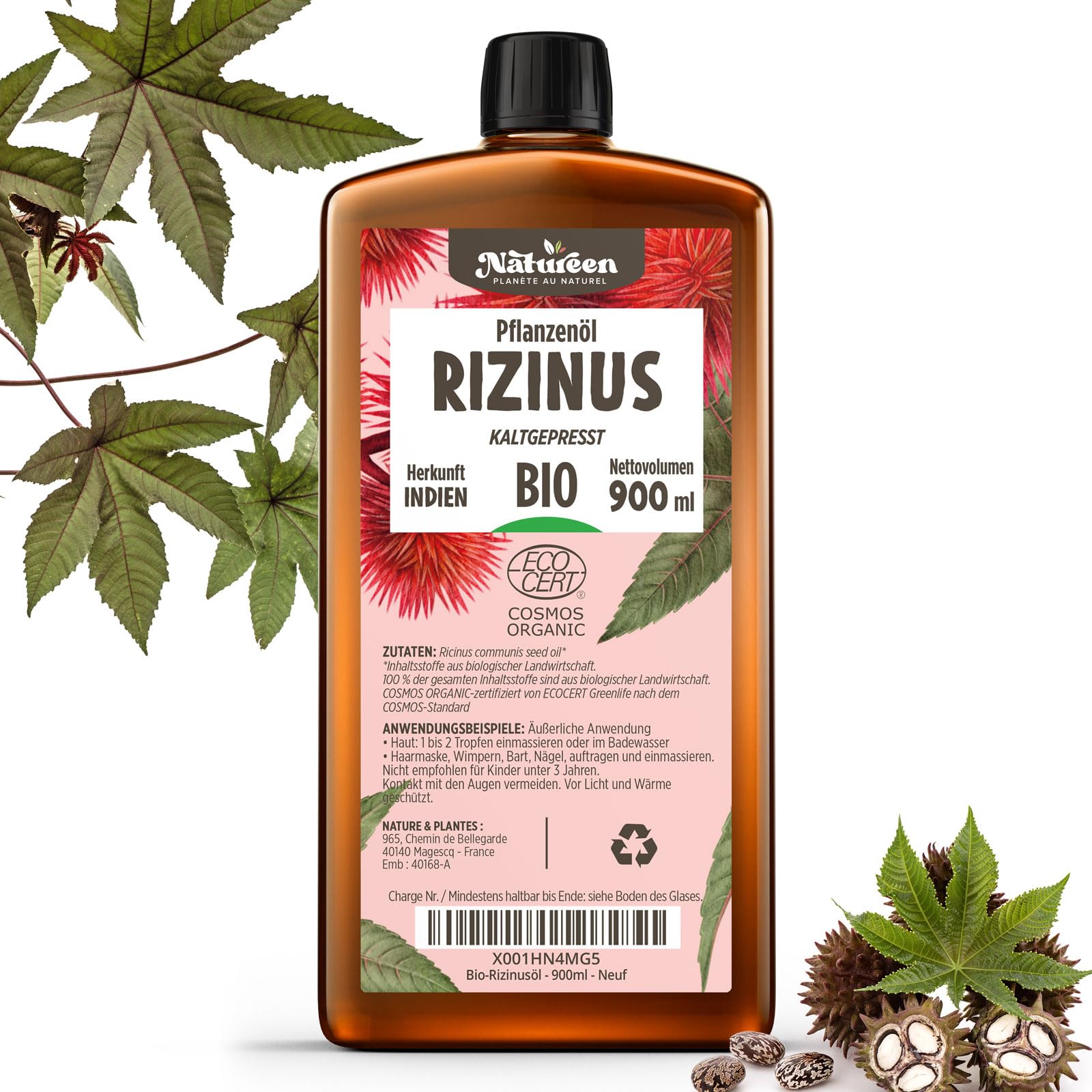 Rizinusöl Bio 900 ml - 100% Rein, Natürlich und Kaltgepresst - Wimpern, Augenbrauen, Haare, Bart, Nägel
