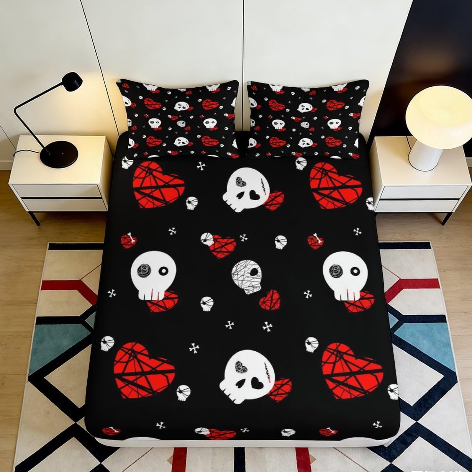 3D Printed Skull and Heart Fitted Sheet Microfiber Black Red Gothic Mattress Cover for Bedroom Dorm Easy Care Decor 90x200x25cm
