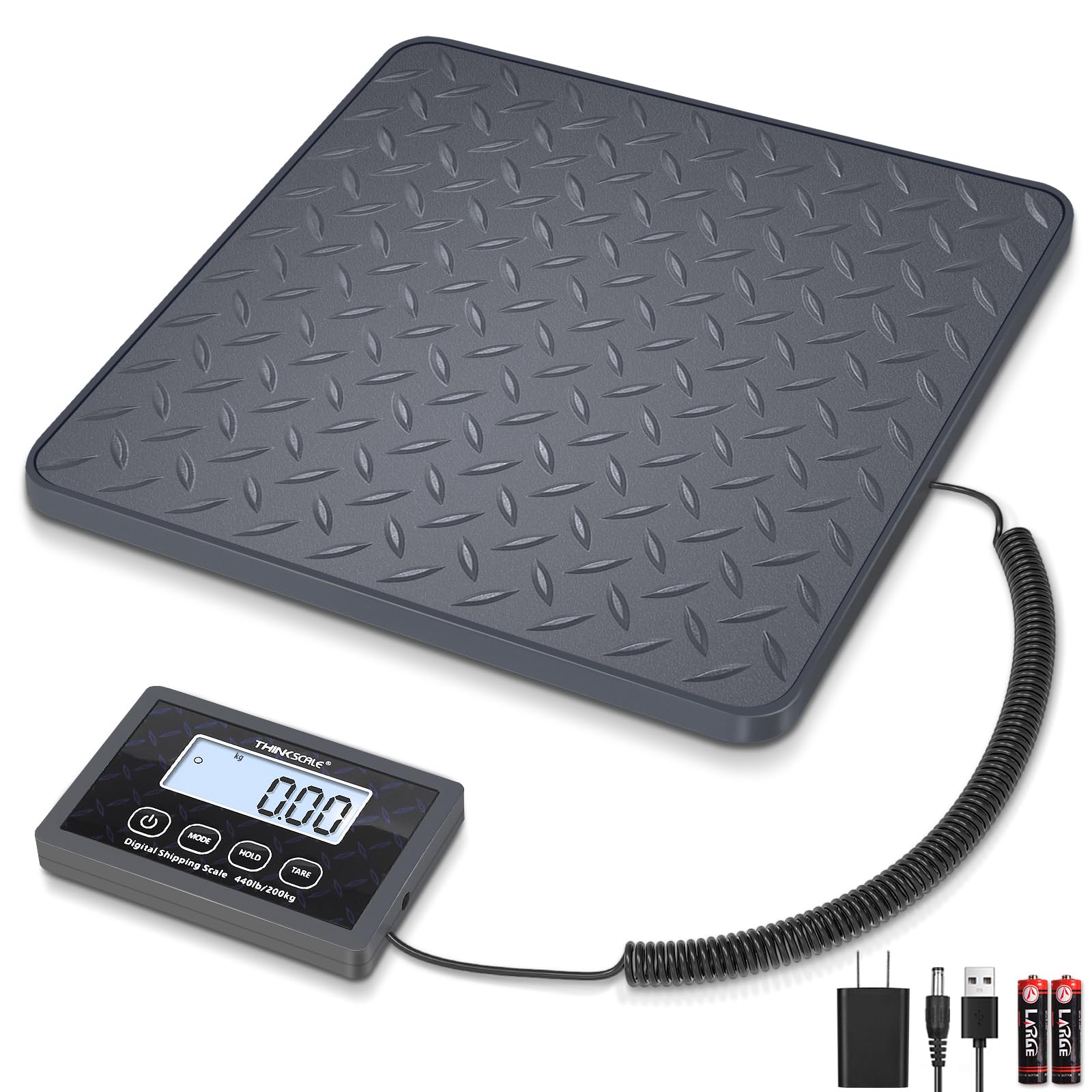 THINKSCALE Shipping Scale, 440 lb x 1 oz Postal Scale with Hold & Tare | One-Piece Plastic Platform, Backlit LCD, Easy Read. for Packages, Luggage, Mailing & Postage, Battery + AC adapter included