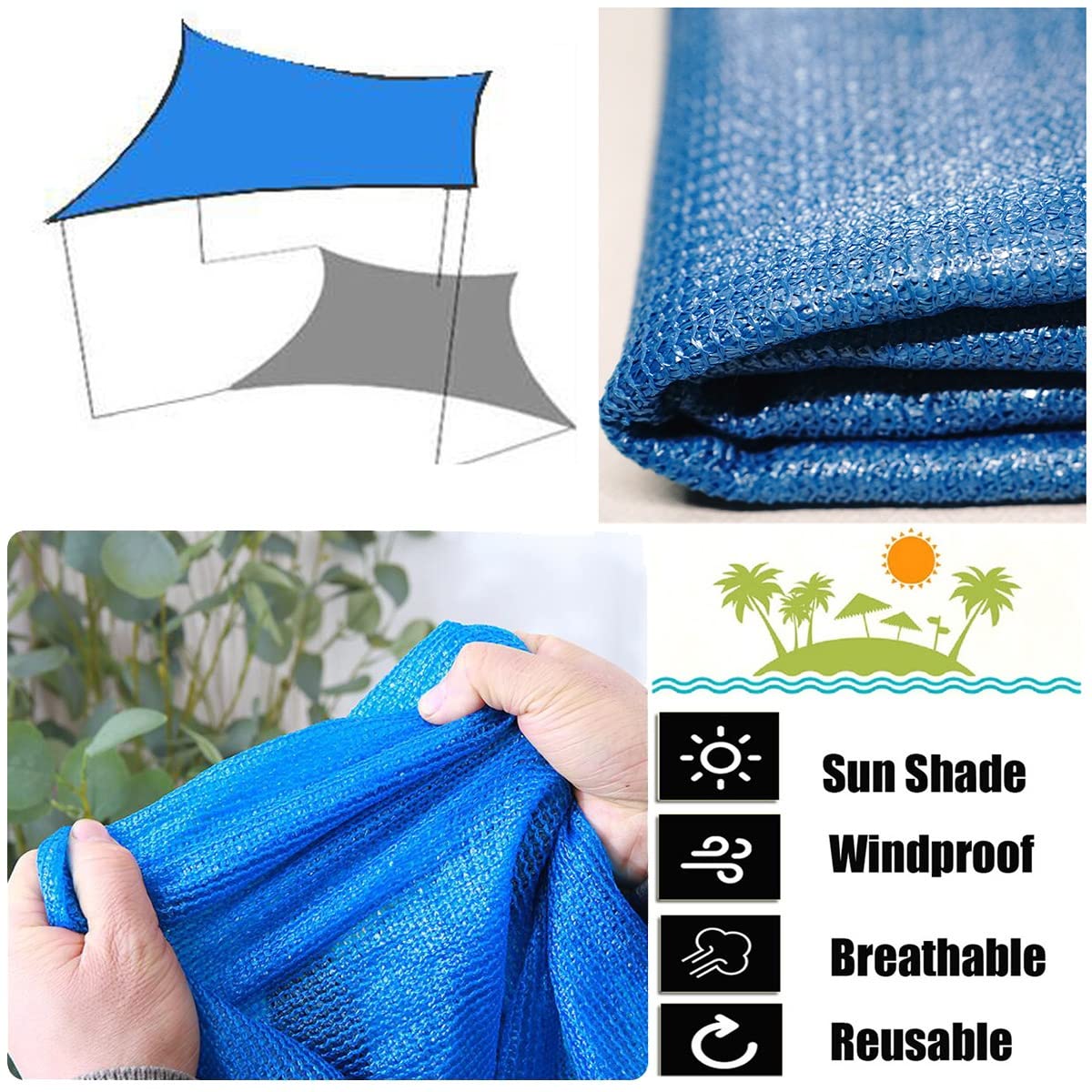 LYAH Tenda Da Sole In HDPE Blu Con Occhielli - Rete Ombreggiante Personalizzabile Per Giardino, Terrazza, Pergola (2x2m, 3x4m, 4x4m, 5x8m...) - 4