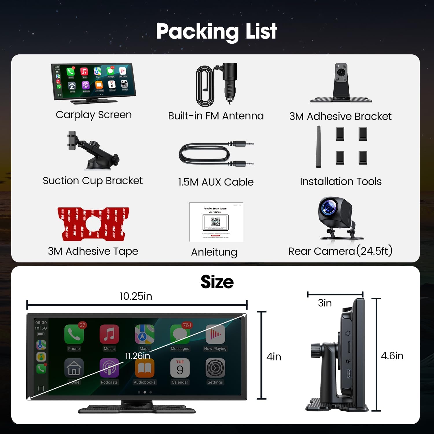Contents of the LAMTTO Carplay screen package including the screen, various cables, mounting brackets, and a rear camera.