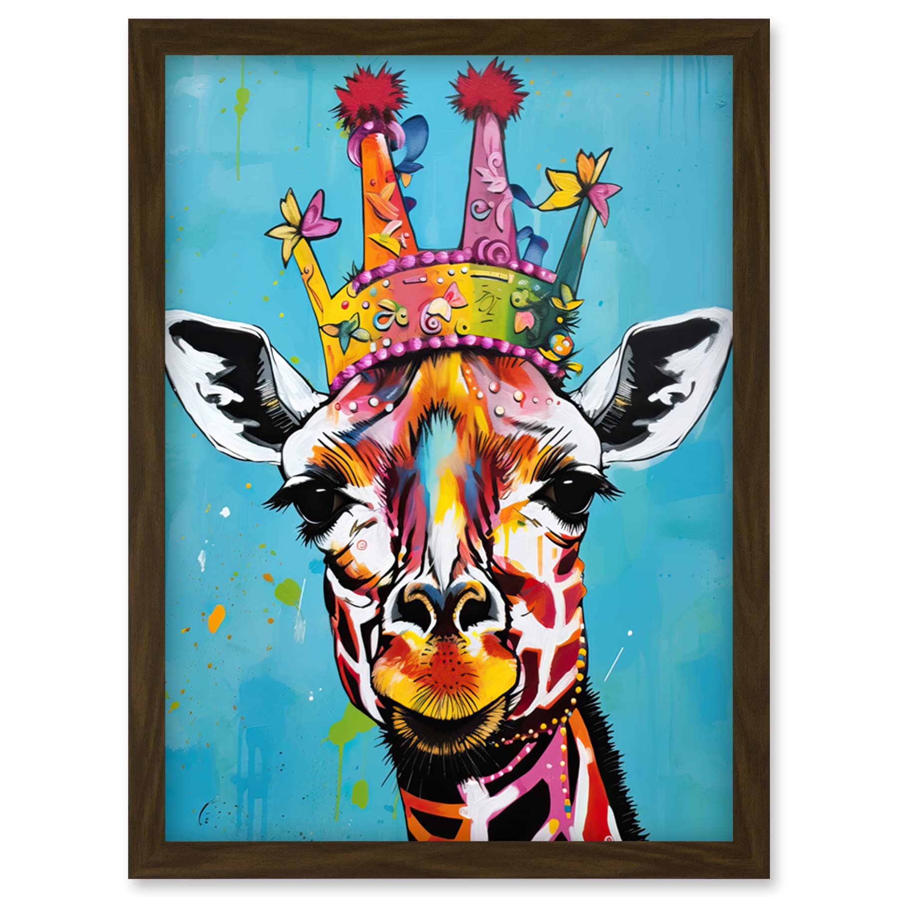 Artery8 Giraffe Wearing Princess Crown Modern Folk Art Artwork Framed Wall Art Print A4