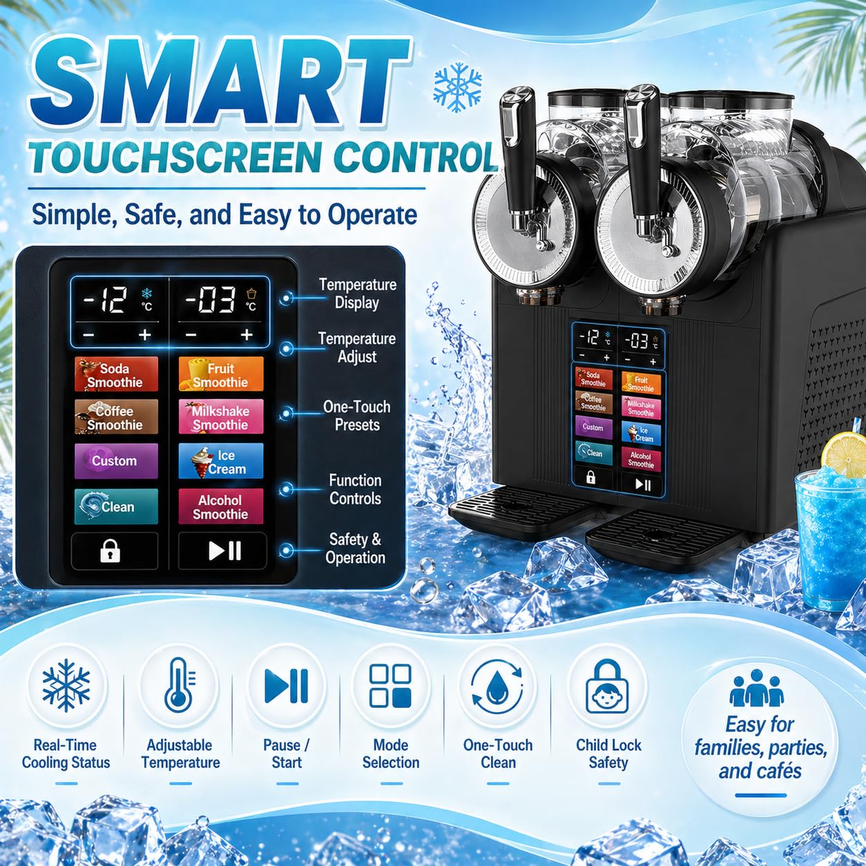 Máquina para Granizados Profesional – Doble Depósito 2×2L, 7 Programas, Autolimpieza y Enfriamiento Rápido – Helado Soft y Batidos – para Cafetería, Food Truck, Bar en Casa BlackA