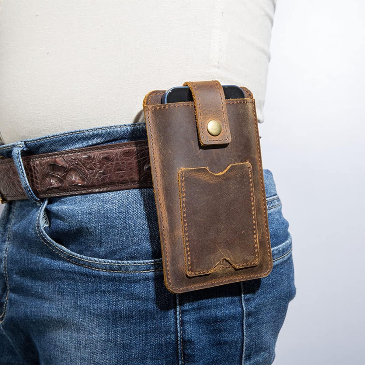 Mobile Phone Waist Bag Carrying Holster with Card Slot & Belt Loop, Men Genuine Leather Belt Case Outdoor Travel Pouch for iPhone 13 Pro Max/13/12 Pro Max/11/11 Pro max/XR/XS Max/Huawei P50/P40 Pro L