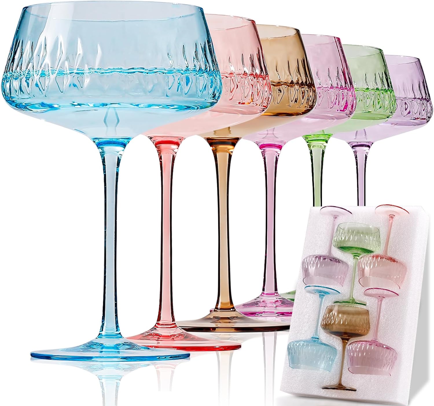 Colored Martini Glasses Set of 6, Hand Blown Colorful Cocktail Glass 14Oz, Vintage Champagne Coupe Glasses, Large Margarita Glasses, Crystal Retro Style Bar Drinking Glasses, Mixed Color