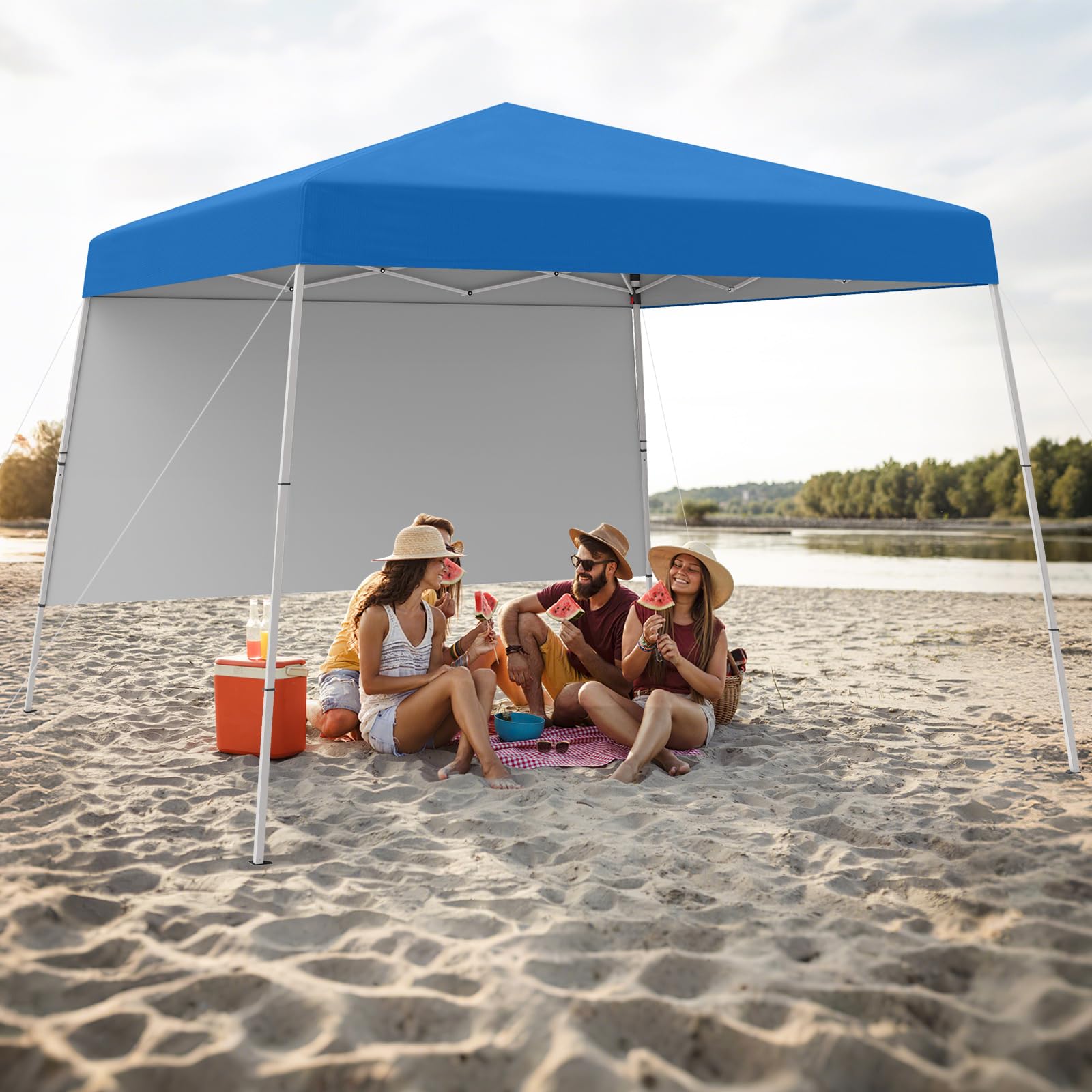 COSTWAY Carpa Plegable 3x3m, Pop up, cenadores para Jardin con 1 Pared Lateral, Bolsa de Transporte, Protección Solar, Pergolas de Jardin Exterior Camping, Playa (Azul)