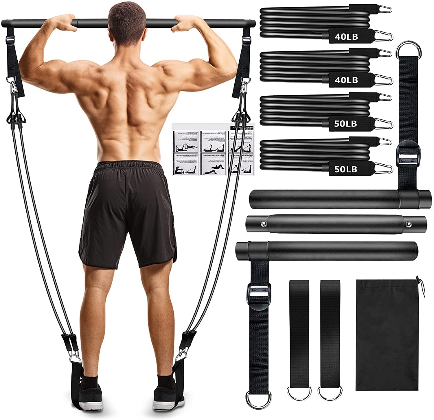 Pilates Bar Kit with Resistance Bands(30lbs,40lbs),3-Section Pilates Bar with Stackable Bands Workout Equipment for Legs,Hip,Waist and Arm