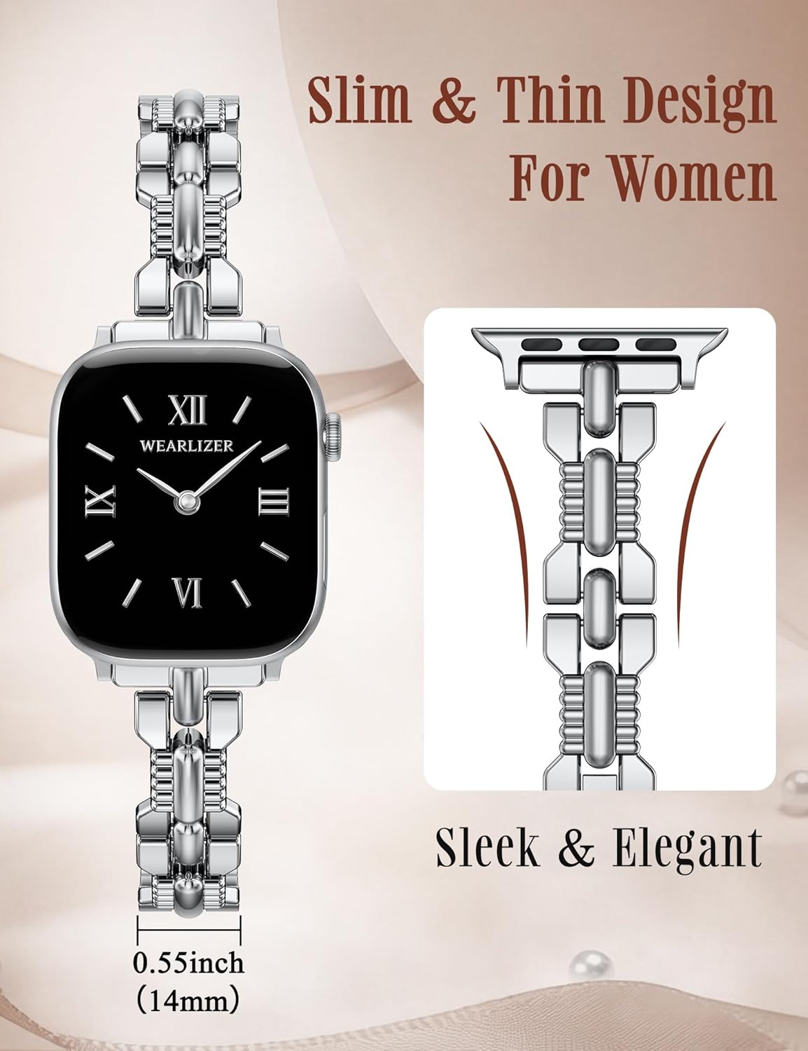 Wearlizer Slim Metal Band Compatible with Apple Watch Bands 42/46/38/40/41/44/45/49mm Women, Thin Dressy Stainless Steel Strap Designer Bracelet for iWatch Series 11 10 9 8 7 6 5 4 SE/Ultra 3 2 1