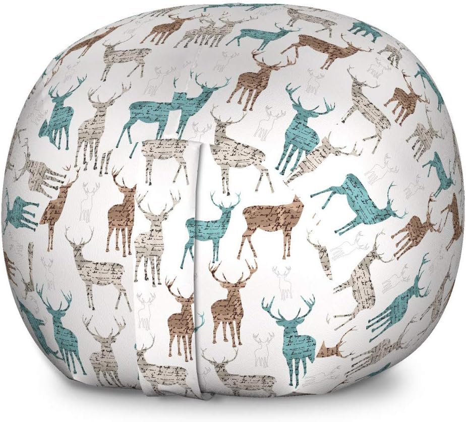 Ambesonne Deer Storage Toy Bag Chair, Animals with Old Text Pattern Christmas Theme Vintage Inspired Illustration, Stuffed Animal Organizer Washable Bag, Large Size, Turquoise Beige