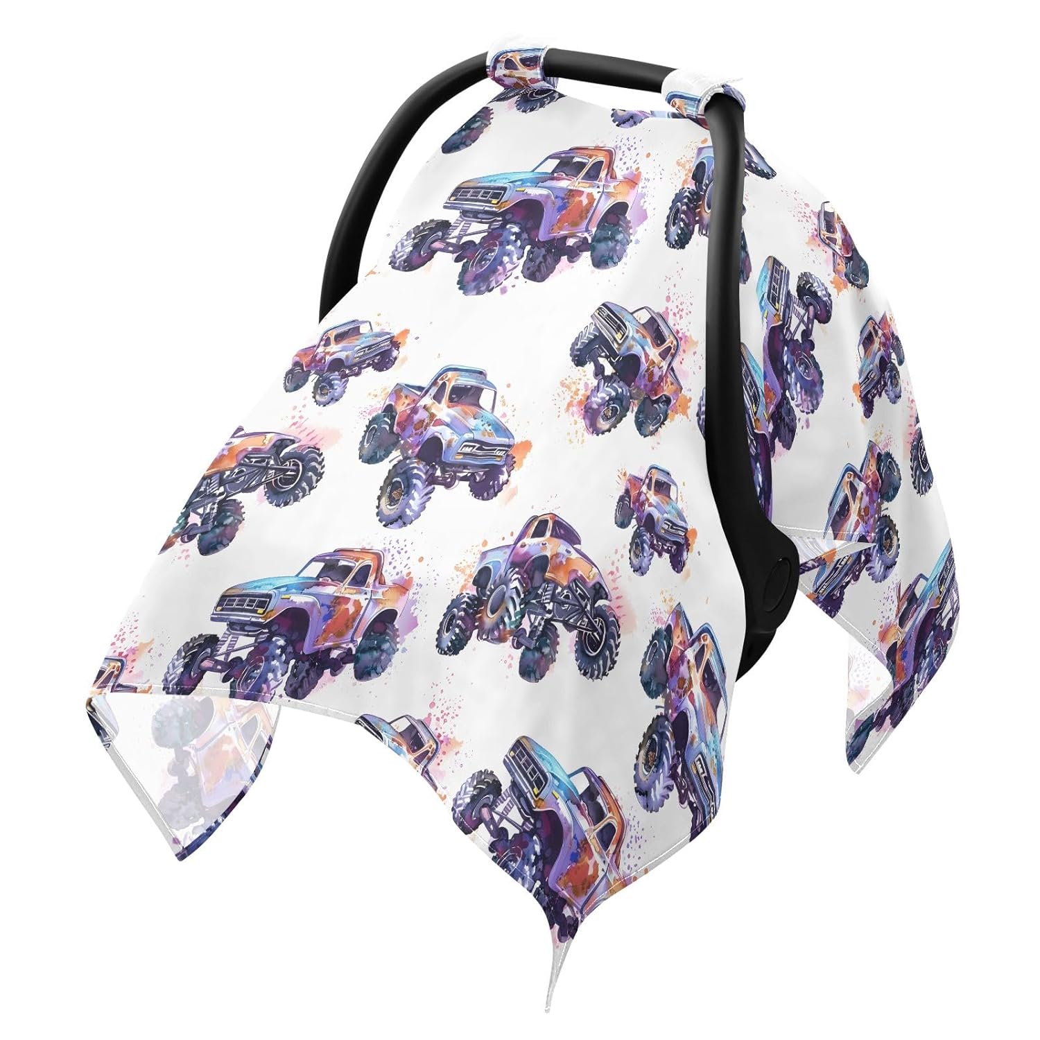 Monster Truck White Infant Car Seat Cover Baby Stroller Carseat Covers Canopy Girls Boys Muslin Breathable Soft Lightweight Sun Shade Universal Fit