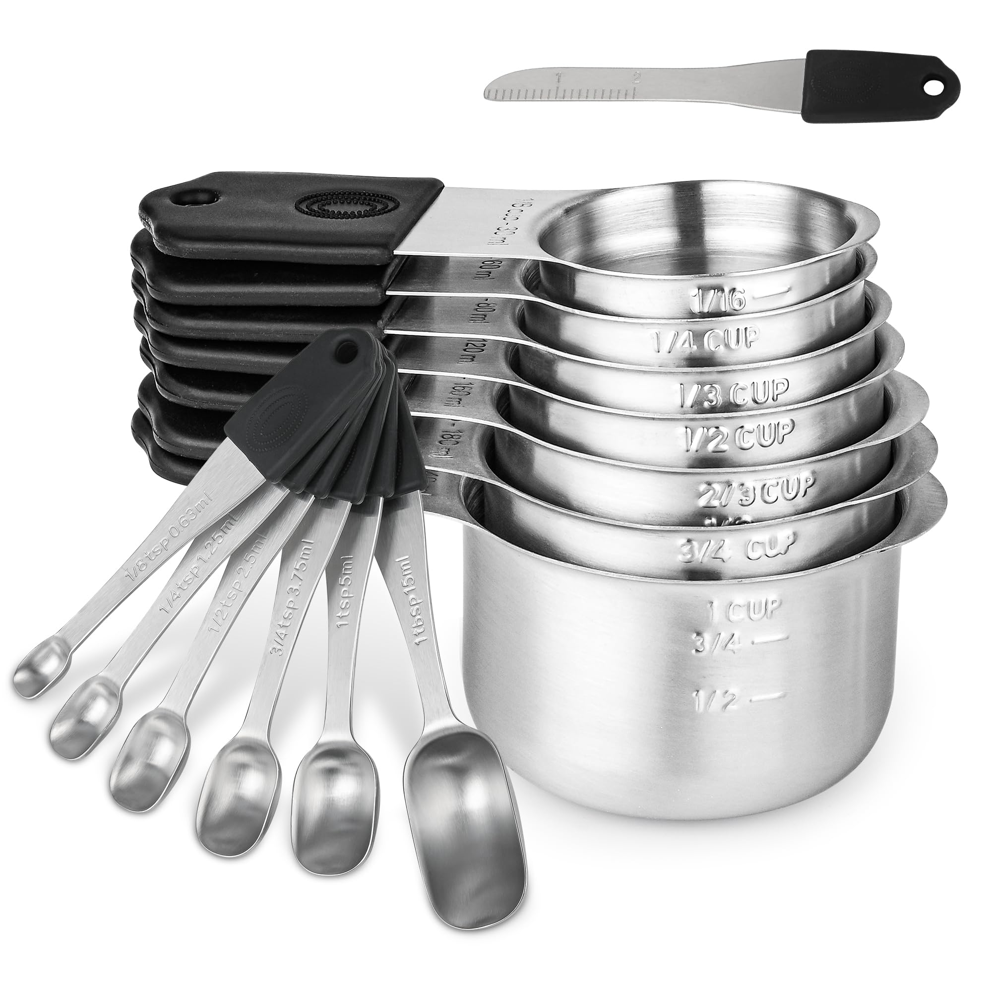 IFFMYJB Magnetic Measuring Cups & Spoons Set 14, Heavy Duty Stainless Steel Measuring Cups and Spoons Set for Baking & Cooking, BPA Free, Round Measuring Set with Leveler, Black