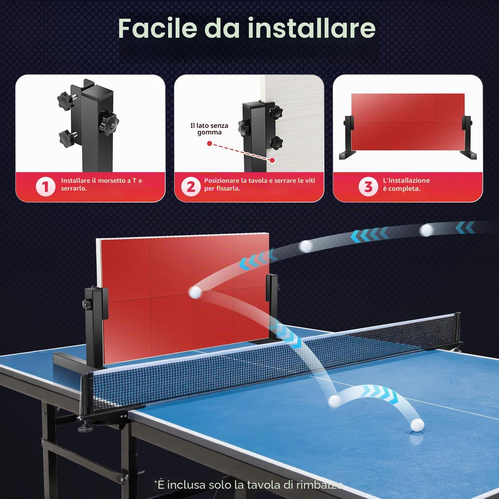 Tavola rimbalzante per ping pong, tavola di rimbalzo per ping-pong, con 8 gomme rosse, attrezzatura di auto-allenamento per palestra per interni ed esterni
