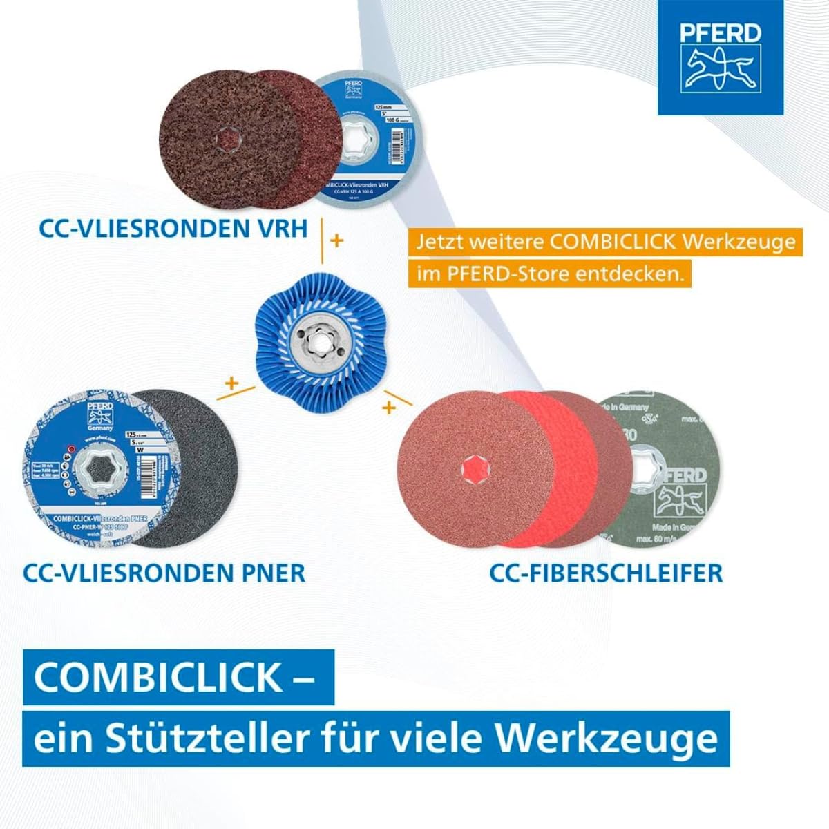 PFERD TOOLS COMBICLICK-Set, 19-teilig, Fiberschleifer, Filz- und Vlieswerkzeuge, Außen-ø 125 mm, Gewinde M14, inkl. Stützteller, 49350072 – für die Oberflächenbearbeitung von grob bis spiegelpoliert