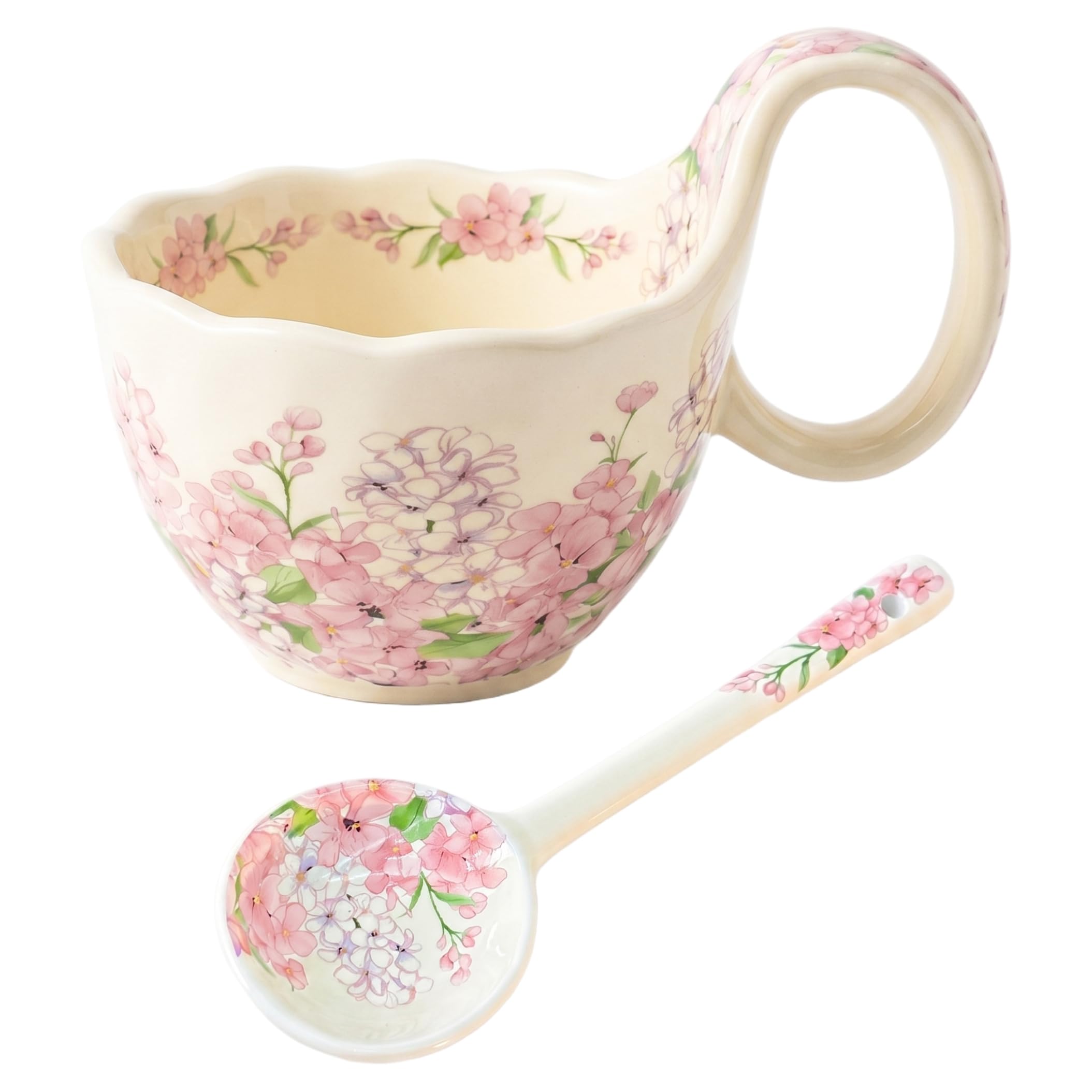 Striegro Soup Bowls with Handles, Ceramic Floral Soup Mug with Matching Spoon Ideal for Oatmeal, Stews & More.