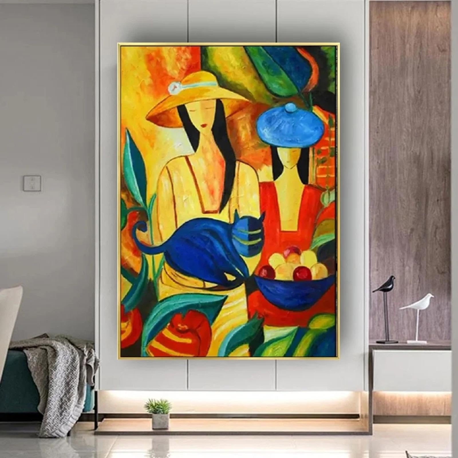 Picasso Figura Pintura Chica De Moda Con Gato Cuadro En Lienzo Arte Moderno De La Pared Para La Decoración De La Sala Impresiones Con Marco Dorado 40x60cm/16x24inch Con Marco Dorado