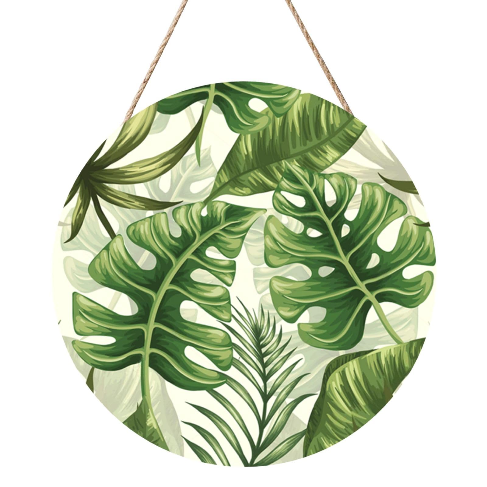 InOmak Tropical Leaves Summer Green, Round Wood Panel Painting 12 in, Wall Hanging Painting For Home