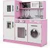 COSTWAY Kids Wooden Kitchen, Pretend Play Kitchen with Light, Sound, Oven, Washing Machine, Microwave, Water Dispenser, Telephone & Utensils, Children Chef Role Playset for Boys Girls WhitePink