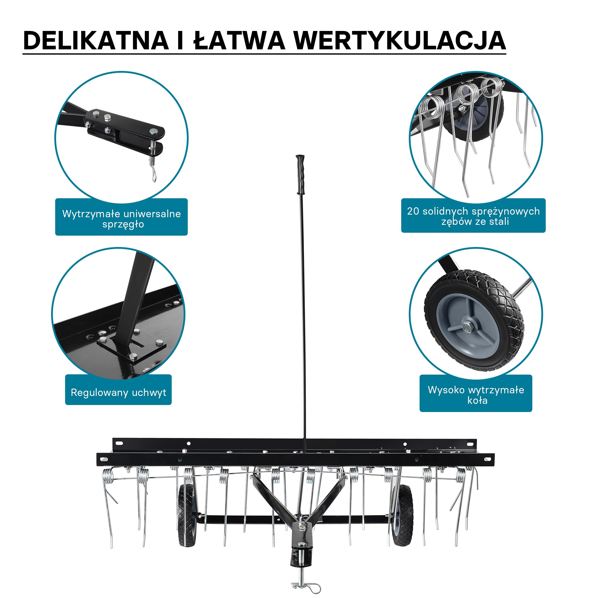 Wiltec Wertykulator do trawnika na traktorek i kosiarkę ATV 100 cm, stalowe zęby do wertykulacji trawnika i usuwania mchu, wertykulator do trawy