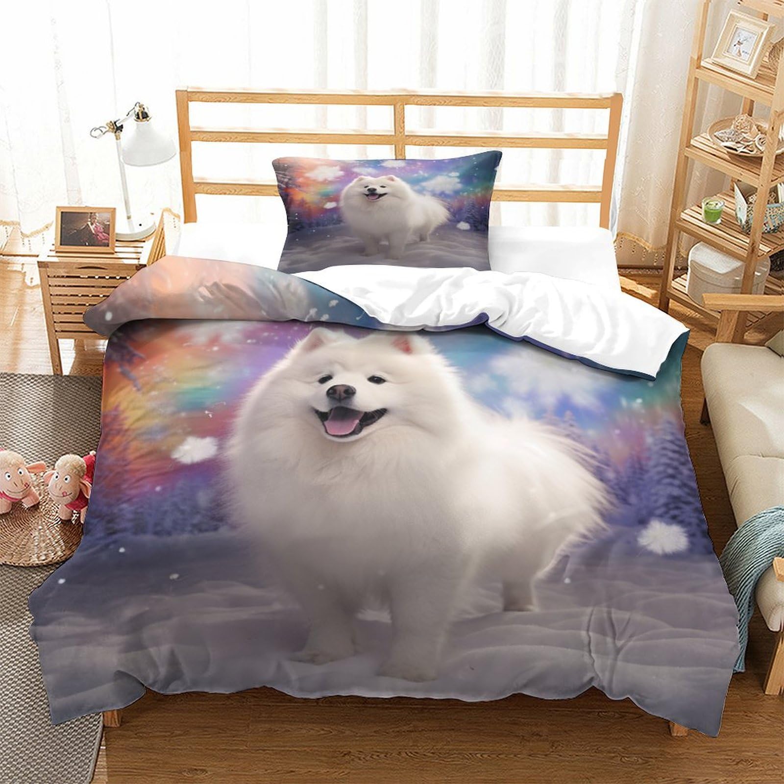 P1S9U7W5Y Colorful 3D Printed Samoyed Dog Duvet Cover Set 3 Pieces Microfiber Bedding Set Bedroom Decor Soft Breathable for Adults Teens Single（135x200cm）
