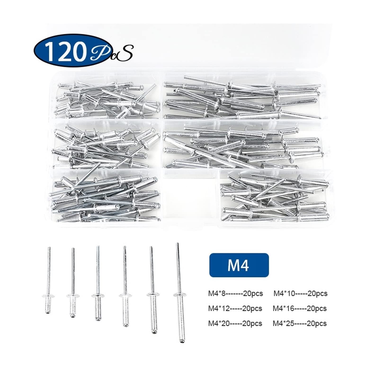Youngran Rivets en Aluminium Pop M3.2 m4 m4.8 Dome tête Aveugle Rivets d'assortiment d'aluminium kit de kit d'échappement Leisurely (Number of Pcs : M4 120pcs)