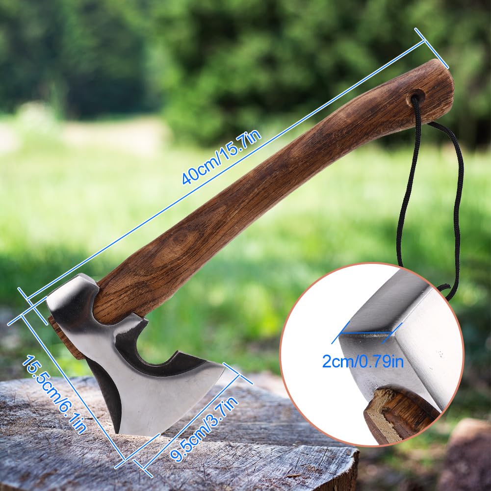 Ascia da Campeggio, Accetta Compatta Bushcraft con Fodero in Pelle e Pietra per Affilare per Sopravvivenza All'aperto Giardinaggio Intaglio del Legno, Manico in Legno