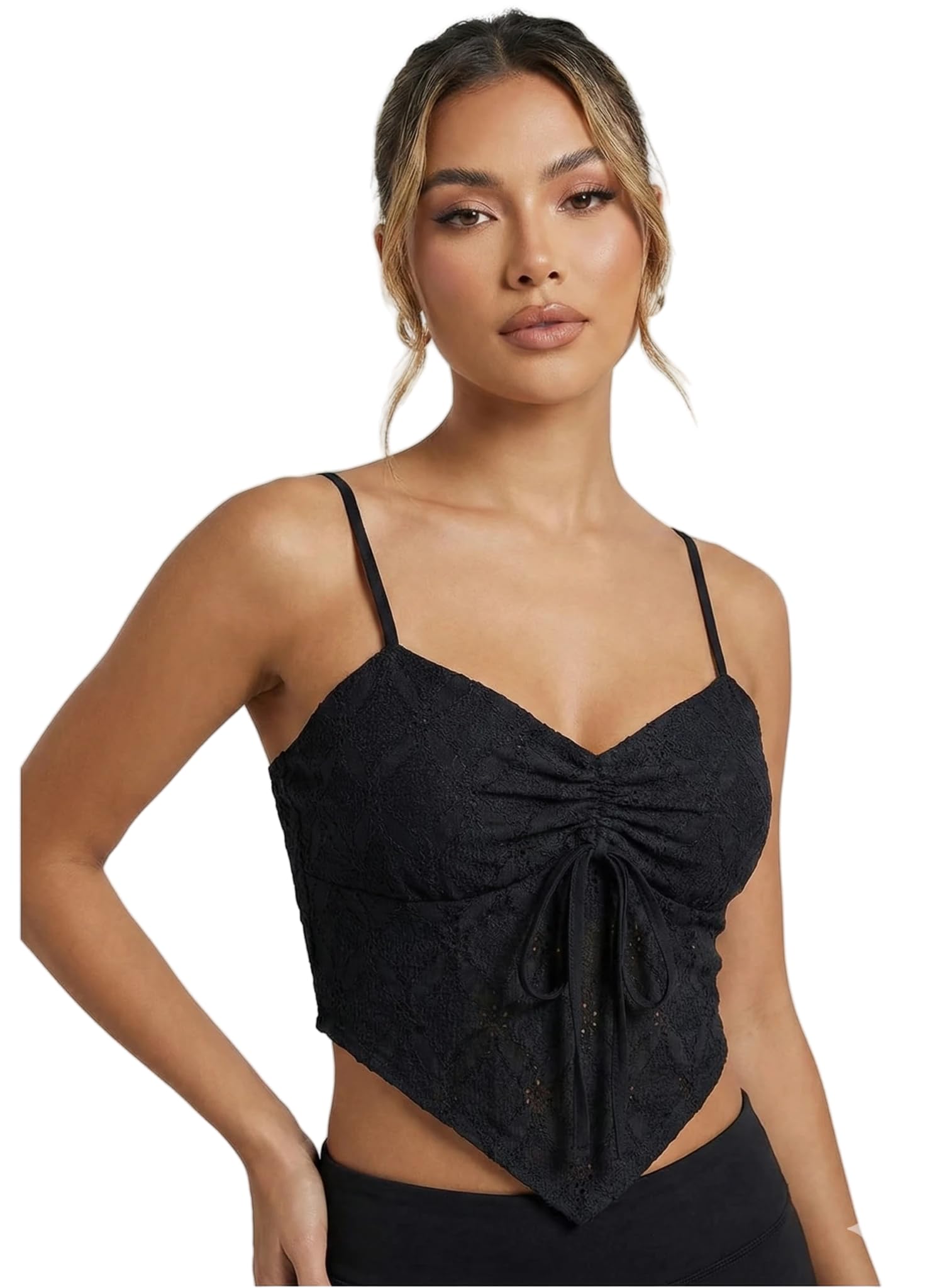Women's Black Corset Top, Korean Retro Style Vintage Crop Blouse, Spaghetti Straps, Acrylic Blend, Size 28-30 inch, Slim Fit-image-16