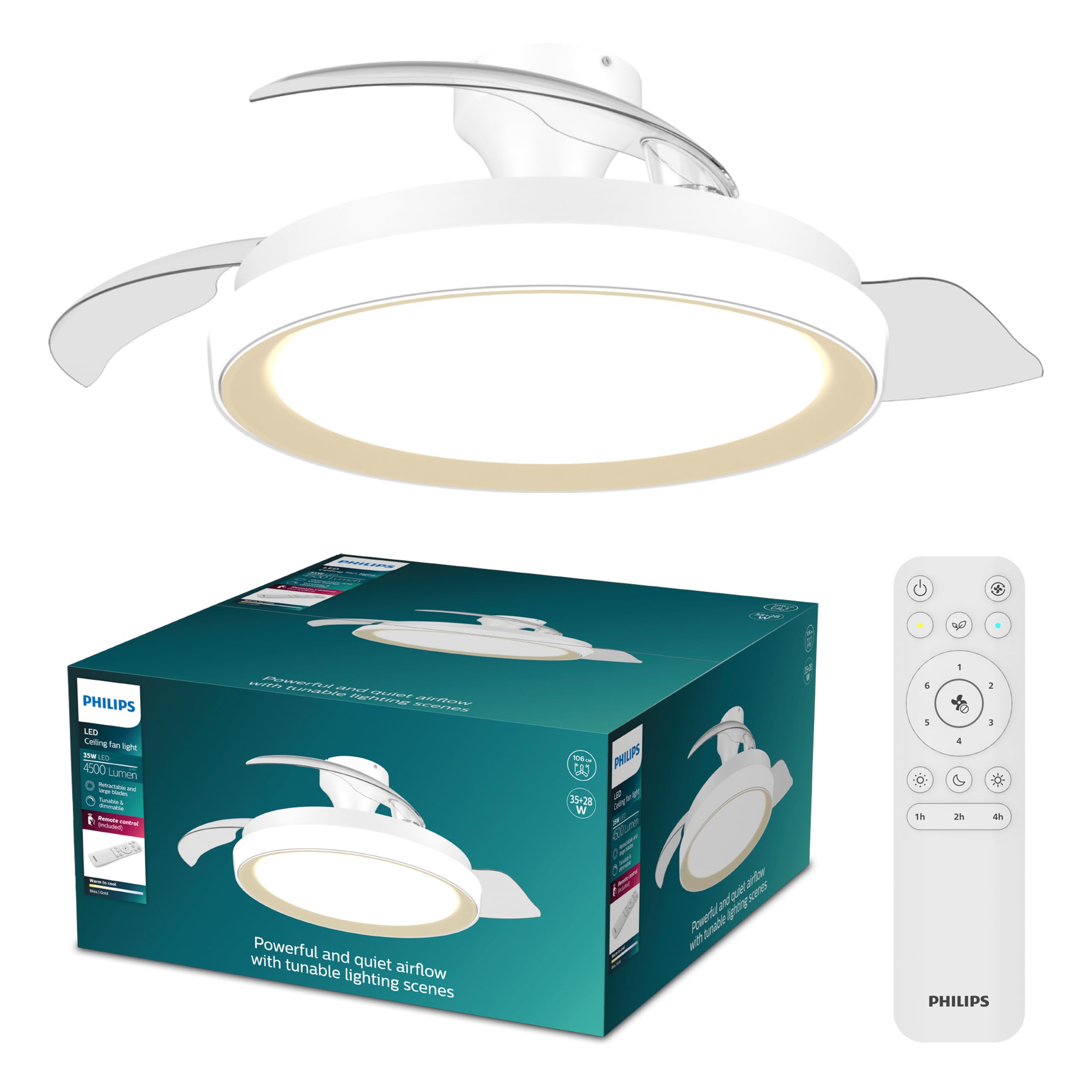Philips Bliss Retractable-Blade Ceiling Fan with LED Light, 3 Blades, 106 cm Blade Wingspan, 4500 Lumens, Tunable White Light from 3000 K to 6500 K, Dimmable to 5%, Remote Control Included, Gold