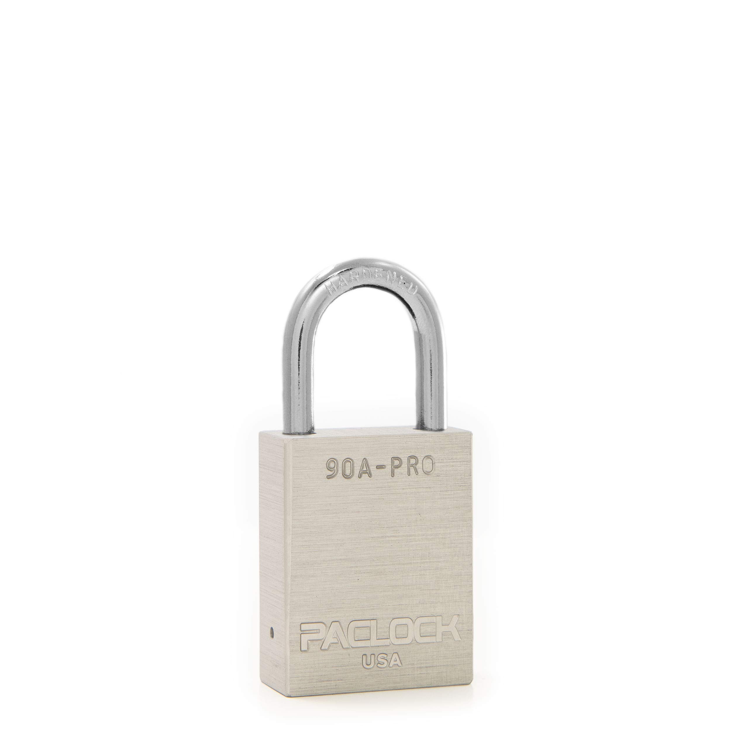PACLOCK's 90A-PRO Padlock, 1/4" Diameter Hard. Steel Shackle, 1-3/16" Tall, High Performance 7-Pin Cylinder w/ 1 Key, Keyed Alike, Silver