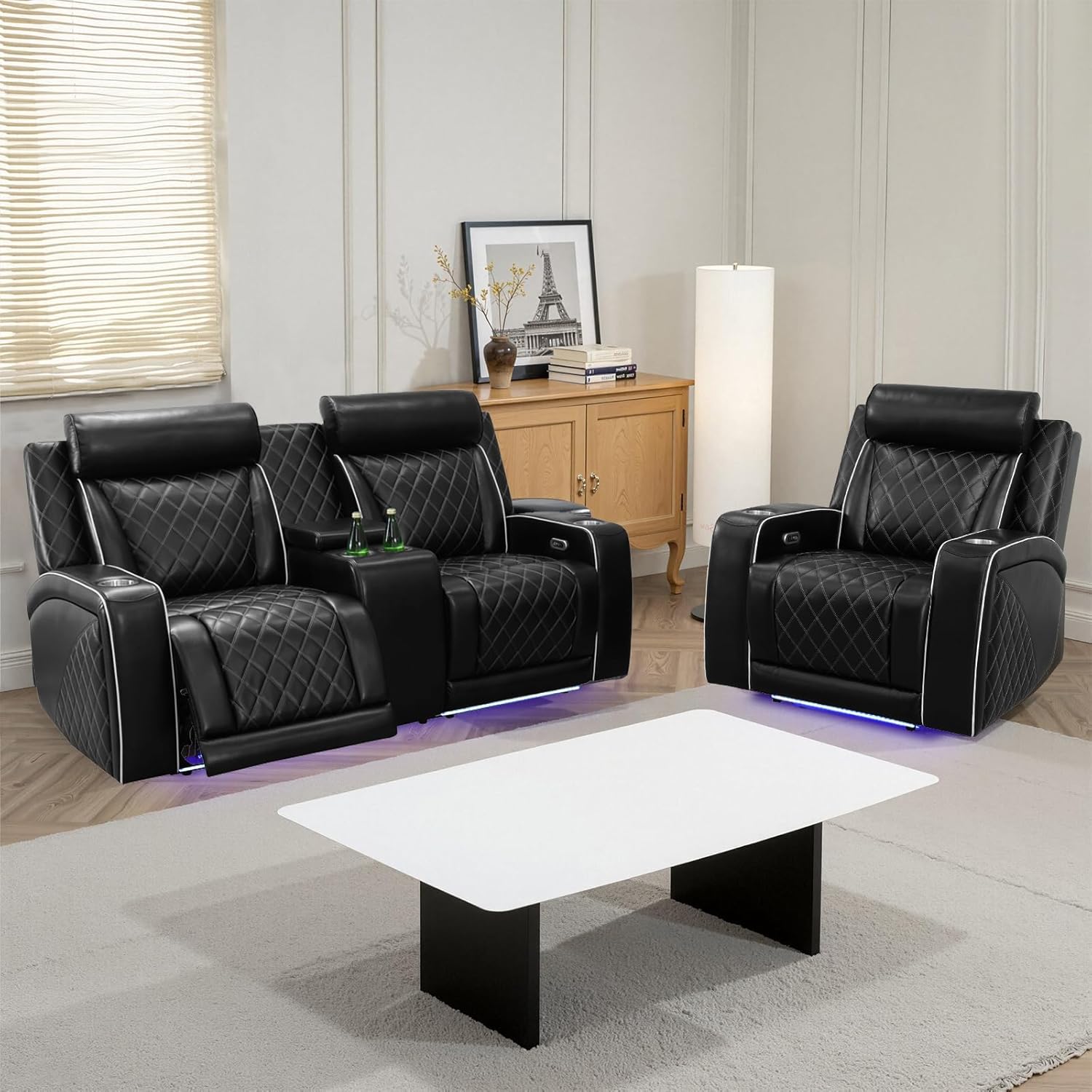 Power Reclining Sofa Set with LED Lights, Leather Recliner Couch Set for Living Room, Home Theater, Power Recliner Couch with USB Ports, Cup Holders, Storage Console (Loveseat and Chair)