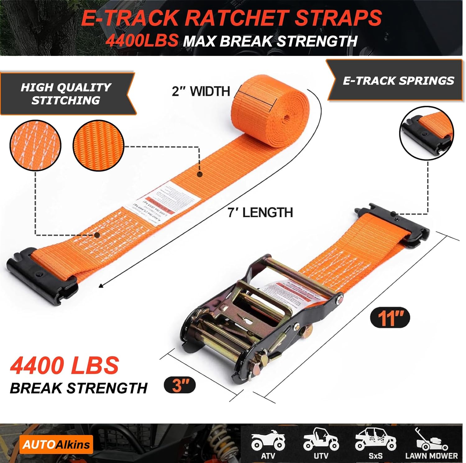 Condition photo showing New/Like New for wheel chock tie down kit, 4,400lb break strength — 4 heavy duty e-track tire ratchet straps & 8 steel wheel chocks, complete trailer tie down system for atv, utv, lawn mower & sxs (orange) 4-tire kit-orange orange