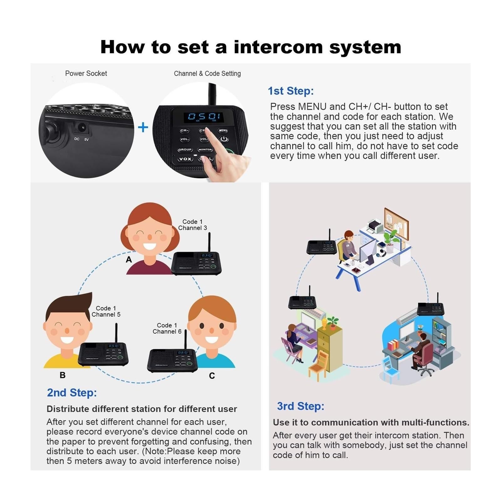 Interphone, Interphones sans Fil FM à 22 canaux Accueil Maison Bureaux d'affaires Appel de Chambre à Chambre & Système Parlant Longue portée de 1 Mille pour Les Entreprises(6 Unit White)
