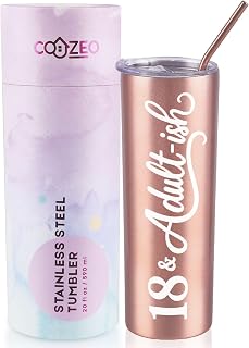 18th Birthday Gifts for Girls, Her - 18 & Adult-ish - 20 oz/590 ml Stainless Steel Insulated Skinny Tumbler with Lid - Gift, Presents for 18 Eighteen Year Old Girl - (Rose Gold)