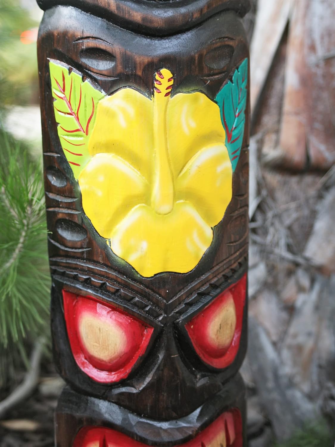 Hand-Carved Tropical Tiki Mask with Turtle and Hibiscus Flower
