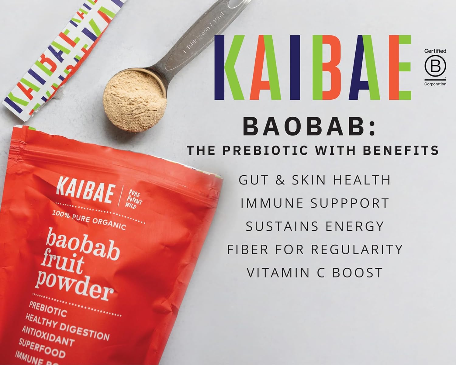 Premium Organic Baobab Powder | Prebiotic Fiber Superfood for Gut & Metabolic Health | Vitamin C + Polyphenols | Gluten-Free, Non-GMO, Vegan | 16 oz.